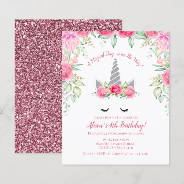 Papier Budget rose et argent Parties scintillant Unicorne (Devant / Derrière)
