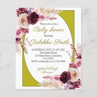 Papier Budget Rose et Bourgogne Baby shower Invitation