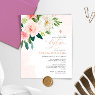 Papier Budget Rose Fleurs Baptême Invitation
