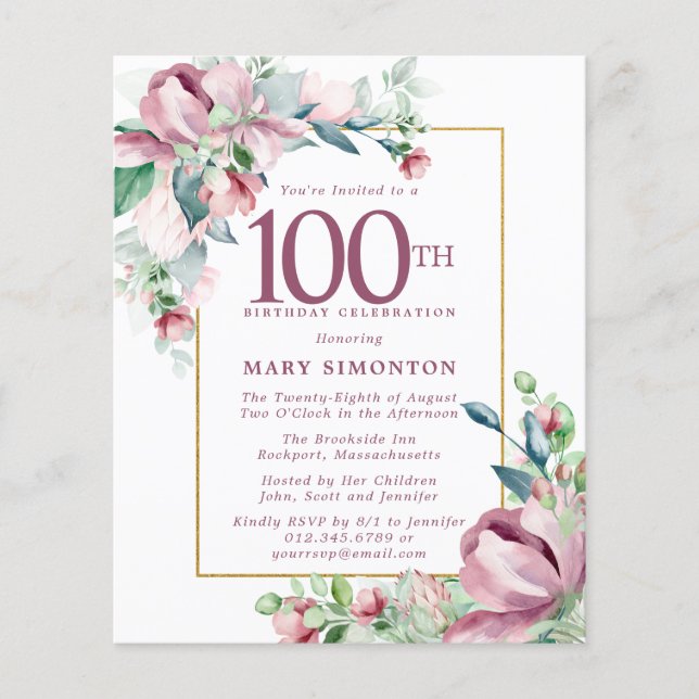 Papier Budget rose floral 100e anniversaire Invitation (Devant)