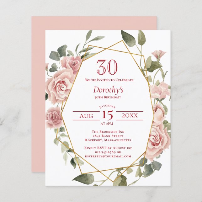 Papier Budget rose floral 30e anniversaire Invitation (Devant / Derrière)