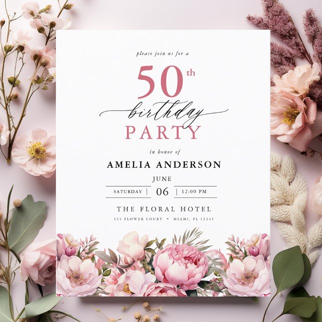Papier Budget rose floral 50e anniversaire Invitation (Créateur téléchargé)