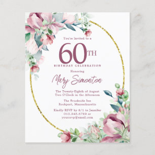 Papier Budget rose floral 60e anniversaire Invitation