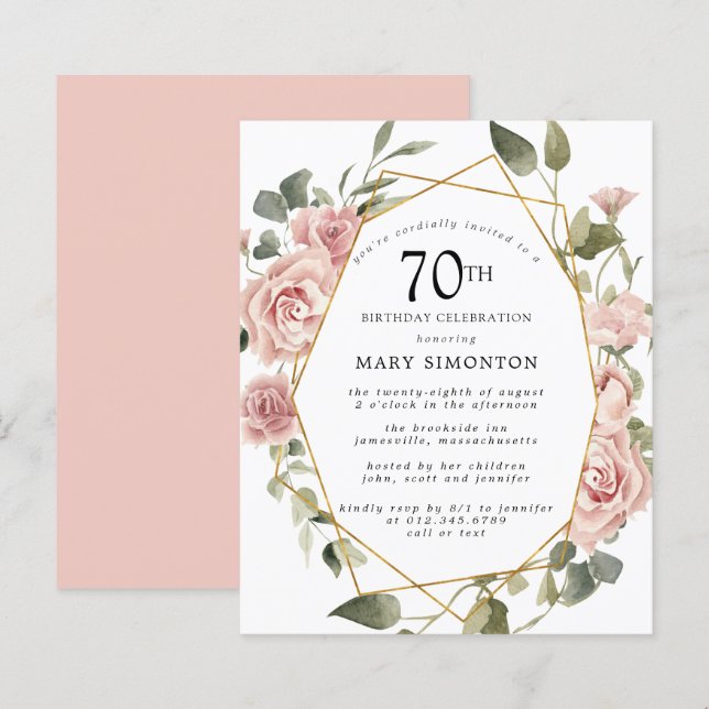 Papier Budget rose floral 70e anniversaire Invitation (Devant / Derrière)