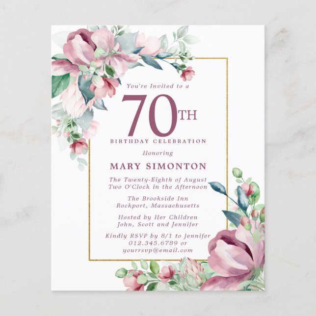 Papier Budget rose floral 70e anniversaire Invitation (Devant)