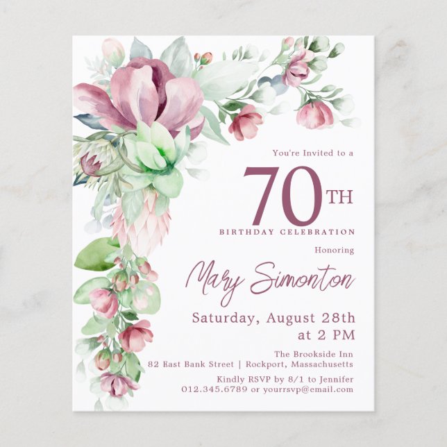 Papier Budget rose floral 70e anniversaire Invitation (Devant)