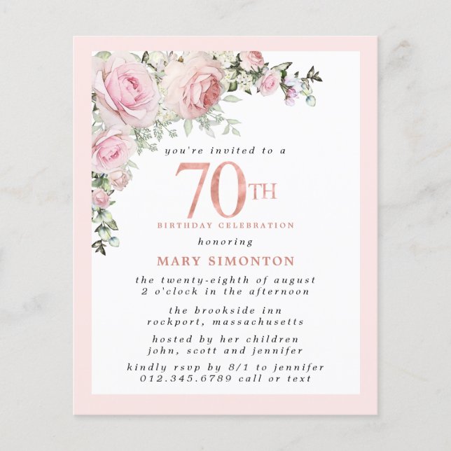 Papier Budget rose floral 70e anniversaire Invitation (Devant)
