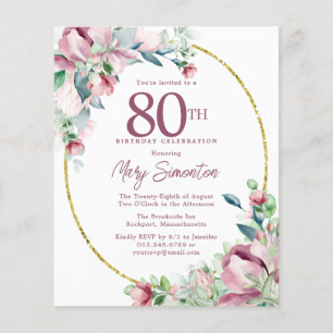 Papier Budget rose floral 80e anniversaire Invitation