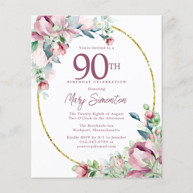 Papier Budget rose floral 90e anniversaire Invitation (Devant)