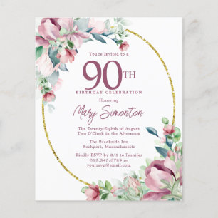 Papier Budget rose floral 90e anniversaire Invitation