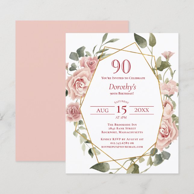 Papier Budget rose floral 90e anniversaire Invitation (Devant / Derrière)