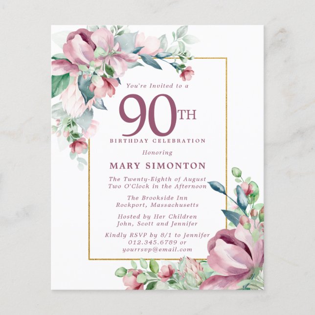 Papier Budget rose floral 90e anniversaire Invitation (Devant)