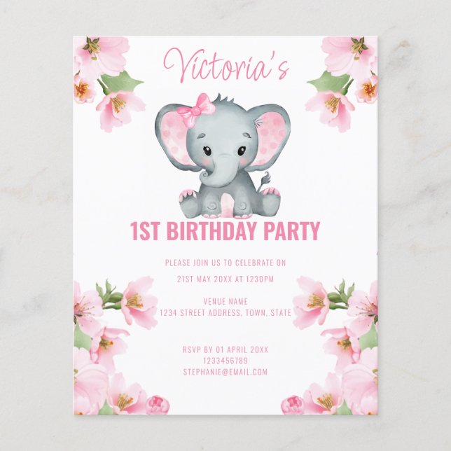 Papier Budget Rose Floral Elephant 1er anniversaire Invit (Devant)