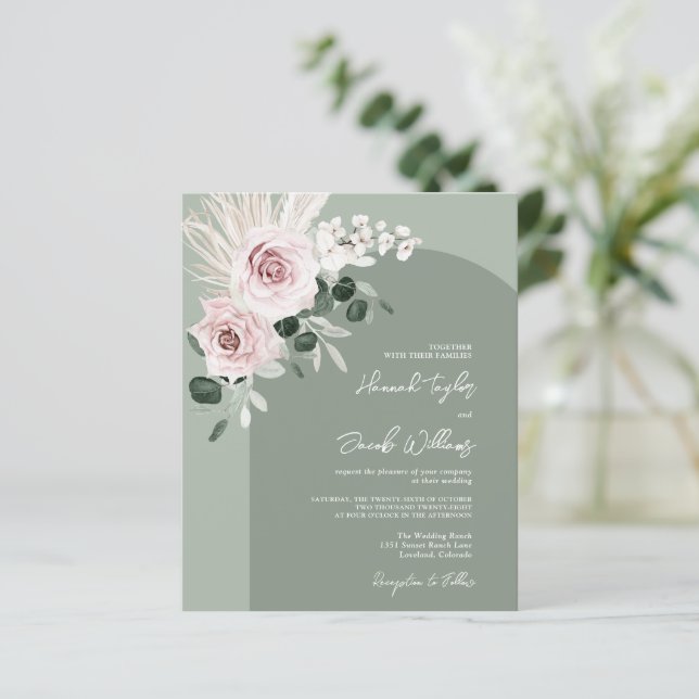 Papier Budget Rose Floral Eucalyptus Sage Mariage Invitat (Debout devant)