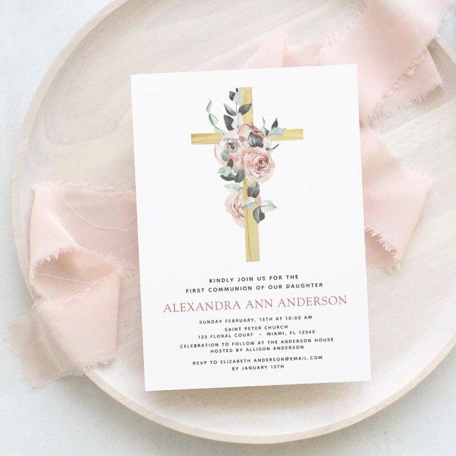 Papier Budget Rose Floral Première Sainte Communion (Créateur téléchargé)