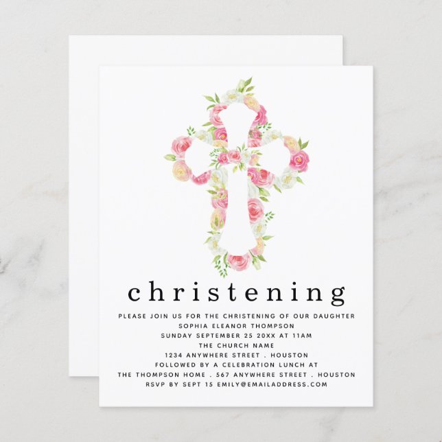 Papier Budget Rose Florals Cross Christening Invitation (Devant / Derrière)