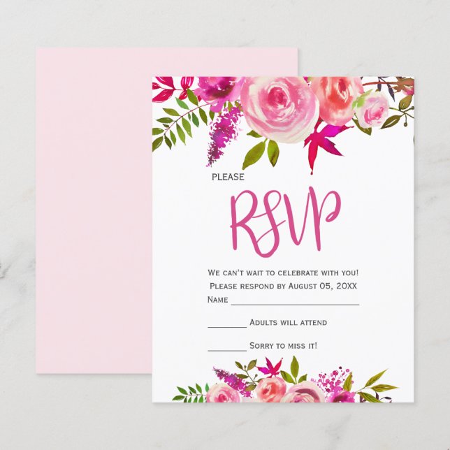Papier Budget Rose Fuchsia Botanique Mariage floral RSVP (Devant / Derrière)
