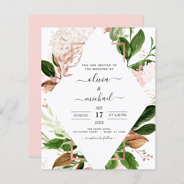 Papier Budget Rose Gold Greenery Invitations de mariage (Devant / Derrière)