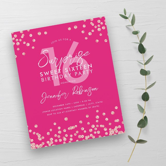 Papier Budget Rose Gold Hot rose Confetti Sweet 16 Invita (Budget Rose Gold Hot Pink Confetti Sweet 16 Invite)