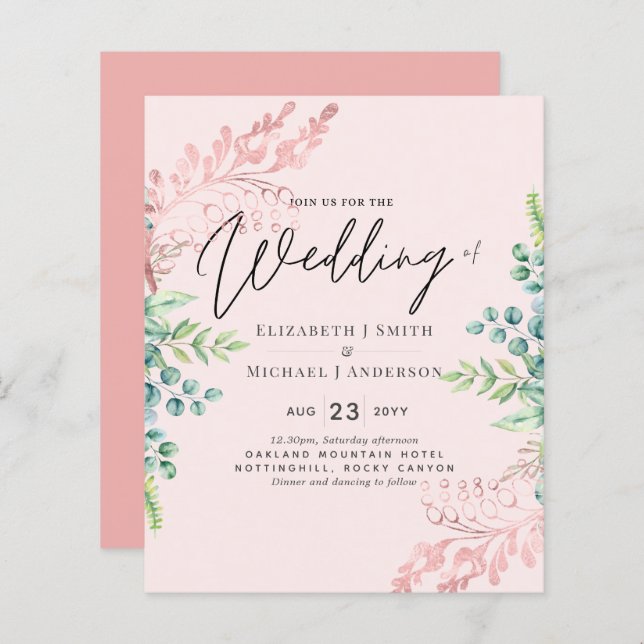 Papier BUDGET Rose Gold Sage Eucalyptus Invitations de ve (Devant / Derrière)