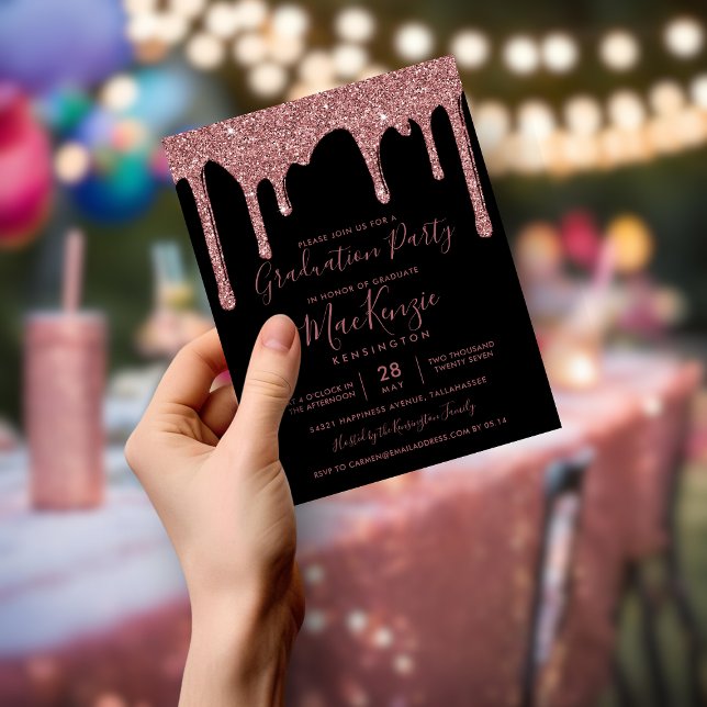 Papier BUDGET Rose noire pailletée or dégradé fête de pro (BUDGET Black Rose Gold Glitter Drips Grad Party Invitation)