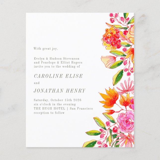 Papier Budget Rose Orange Floral Mariage formel Invitatio (Devant)