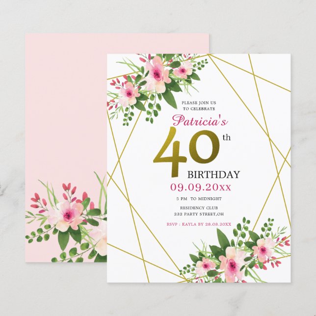 Papier Budget rose Parties scintillant d'or floral 40e an (Devant / Derrière)