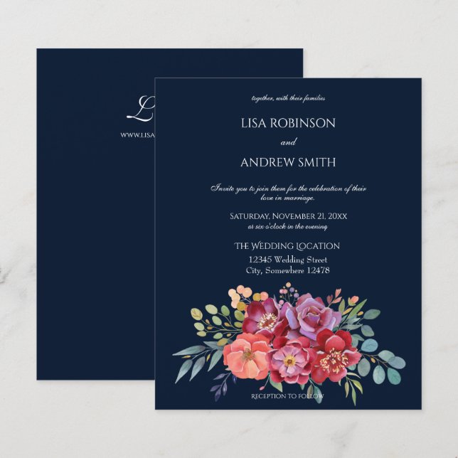 Papier Budget Rose & Plum Tropical Floral Navy 2 Mariage (Devant / Derrière)
