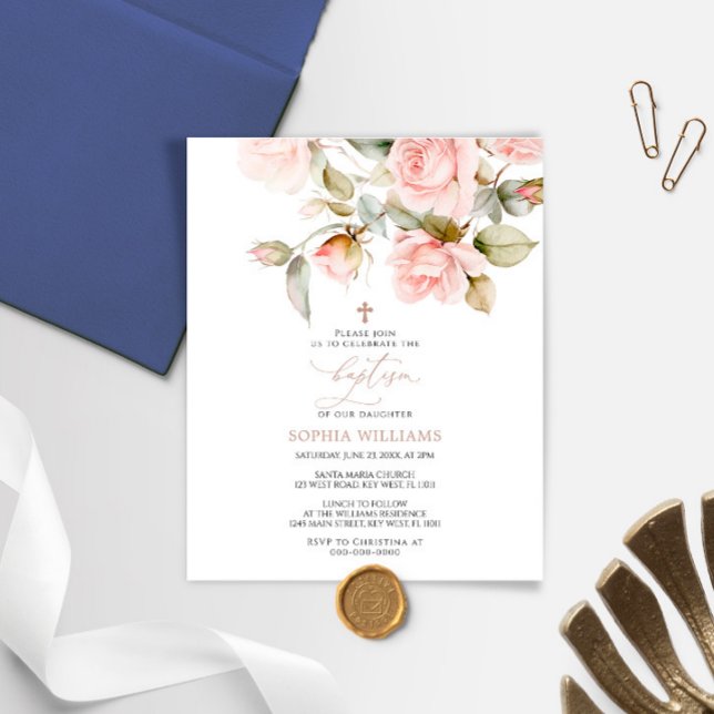 Papier Budget Rose rose et vert Baptême Invitation (Créateur téléchargé)