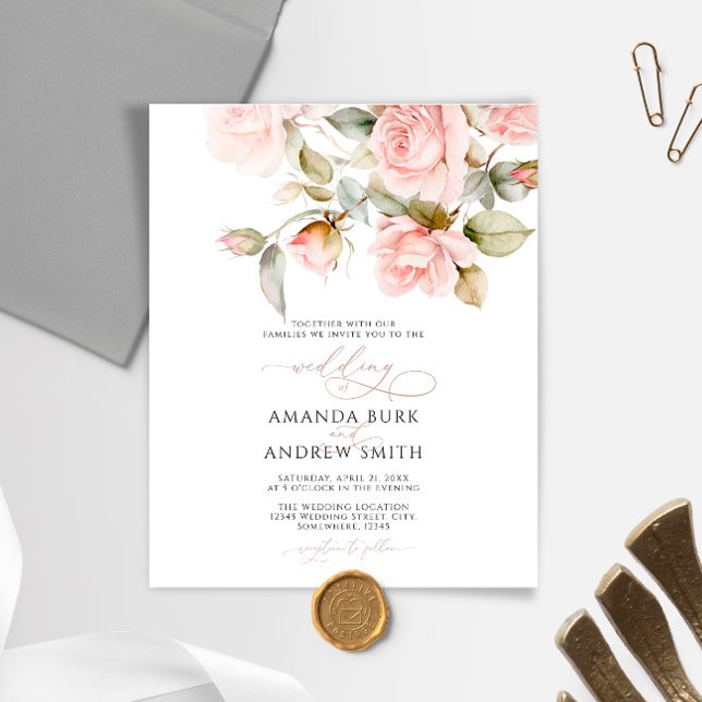 Papier Budget Rose rose & Faire-part de mariage de verdur (Créateur téléchargé)