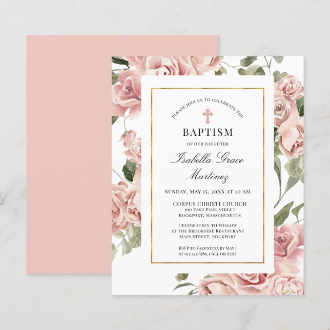 Papier Budget Rose Rose Floral Cross Baptism Invitation (Devant / Derrière)