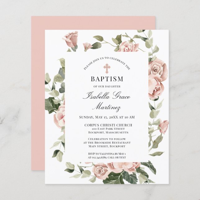 Papier Budget Rose Rose Floral Cross Baptism Invitation (Devant / Derrière)