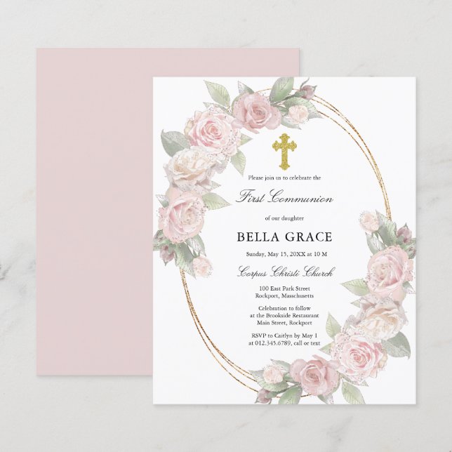 Papier Budget Rose Rose Floral Première Communion Invitat (Devant / Derrière)