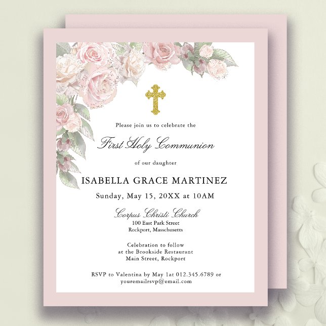 Papier Budget Rose Rose Floral Première Communion Invitat (Créateur téléchargé)