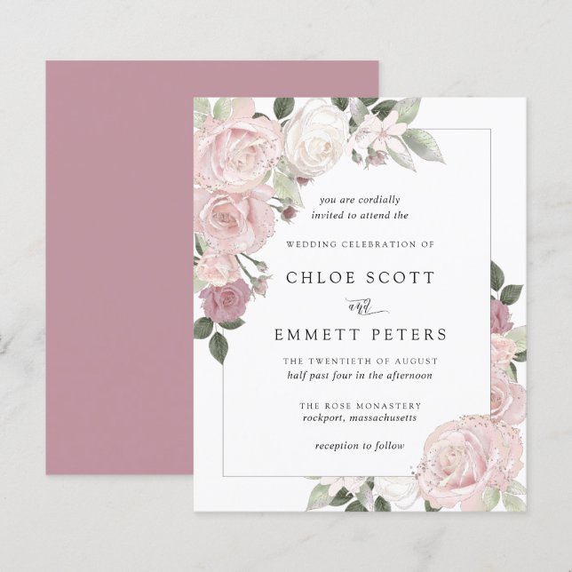 Papier BUDGET Rose Rose rose Faire-part de mariage Floral (Devant / Derrière)