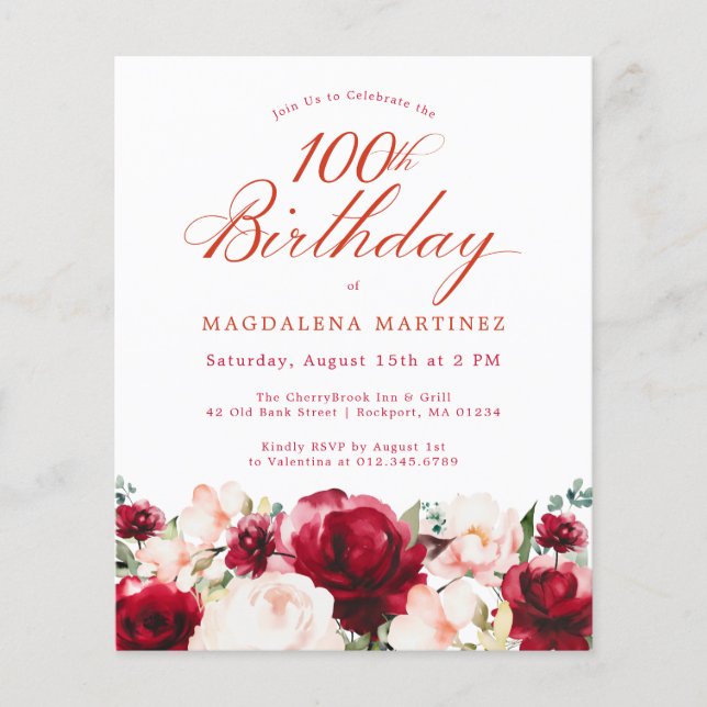 Papier Budget rose rouge floral 100e anniversaire Invitat (Devant)