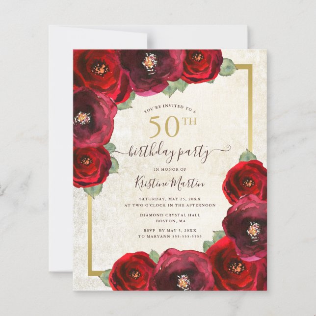 Papier Budget Rose rouge florale 50e anniversaire Invitat (Devant)