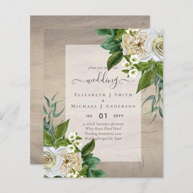 Papier BUDGET ROSES BLANCHES Invitations MARIAGE CHIC (Devant / Derrière)