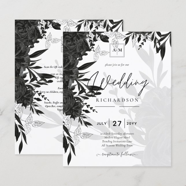 Papier BUDGET Roses noirs Élégant Mariage blanc Invitatio (Devant / Derrière)