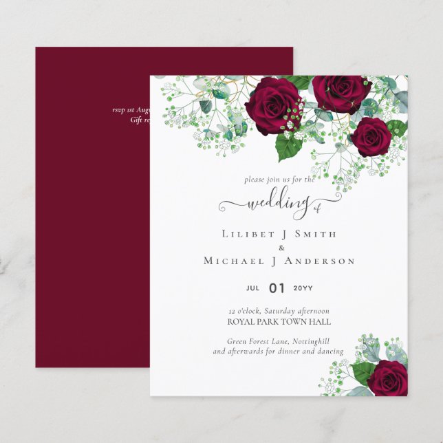 Papier BUDGET Roses rouges de Bourgogne Gypsophile MARIAG (Devant / Derrière)