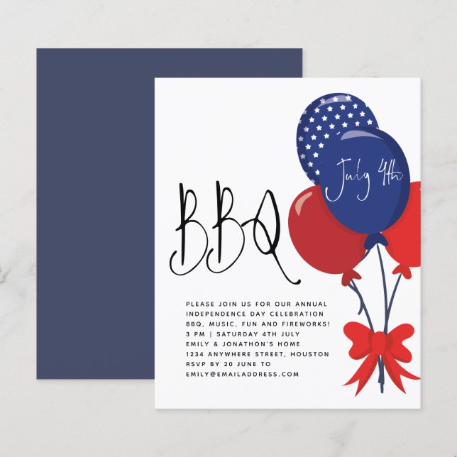 Papier Budget Rouge Bleu Bleu Bleu 4 juillet Invitation b (Devant / Derrière)