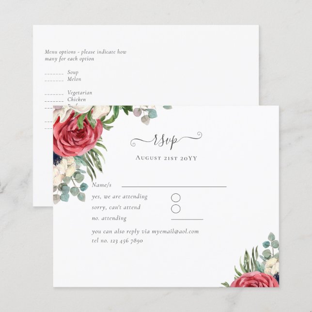 Papier Budget Rouge Bleu Bleu Floral Mariage RSVP (Devant / Derrière)