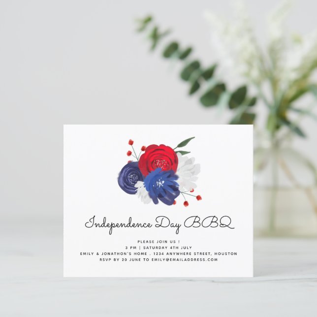 Papier Budget Rouge Bleu Bleu Florals 4 Juillet BBQ Invit (Debout devant)