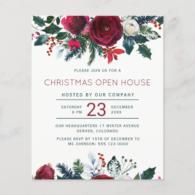 Papier Budget rouge floral Noël open house Invitation (Devant)