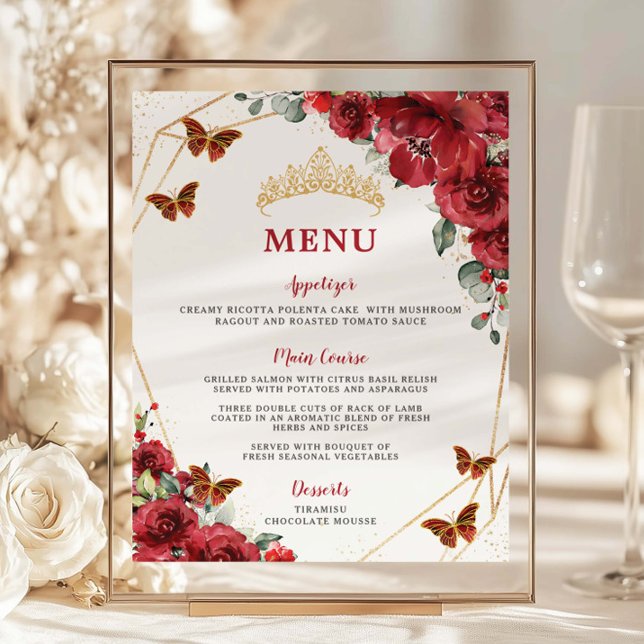 Papier Budget Rouge Floral Quinceanera XV Anniversaire Me (Créateur téléchargé)