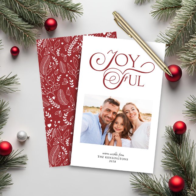 Papier Budget Rouge Motif Joyeux Noël Photo de vacances (Budget Red Pattern Joyful Christmas Holiday Photo Card)
