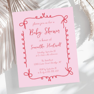 Papier Budget Rouge rose main tiré fille Invitation Baby 