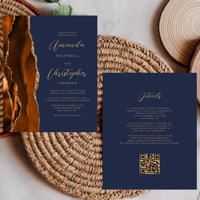 Papier Budget Rouille Or Agate Marine bleu QR Code Mariag (Créateur téléchargé)
