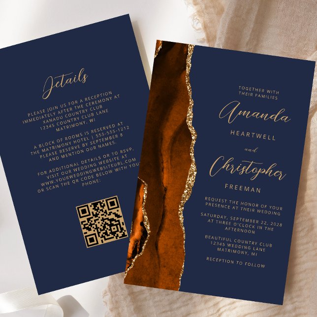 Papier Budget Rouille Or Agate Marine QR Code Mariage (Créateur téléchargé)