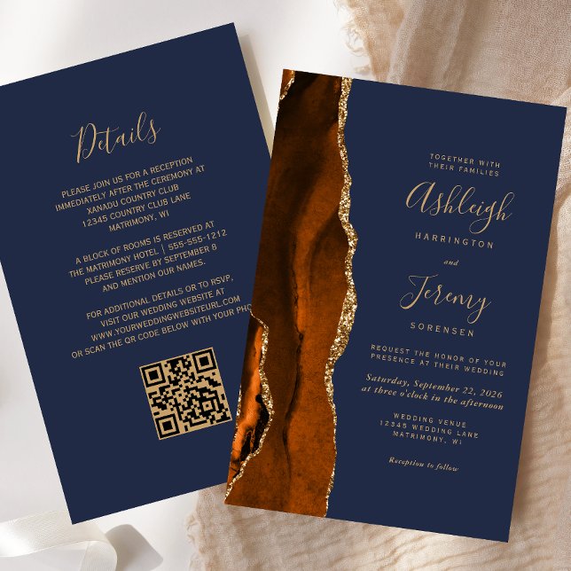 Papier Budget rouille or marine bleu QR Code Mariage Invi (Créateur téléchargé)